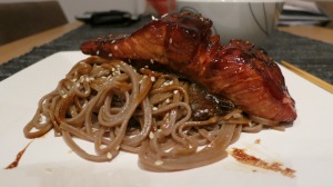 Salmon with cracked peper, oyster sauce glaze